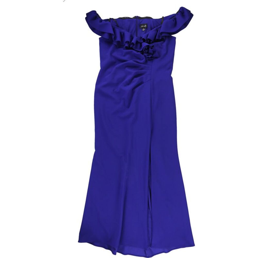 XSCAPE Womens Ruffle Neck Gown Dress, Blue, Plus Size, 14W, DM